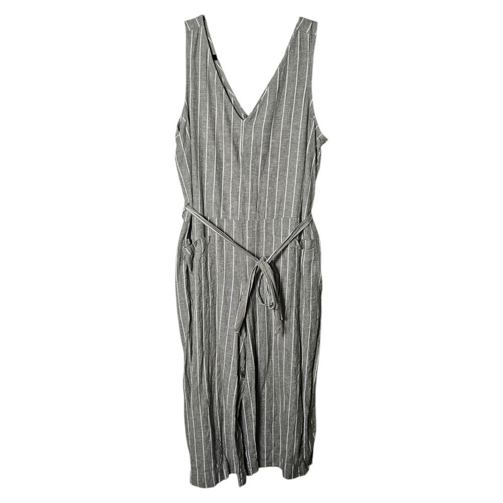 BeachLunchLounge Jumpsuit XL Green Striped Linen Blend Cropped Boho Coastal
